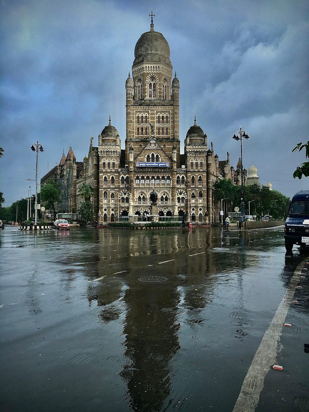 Heavy monsoon rain on a historic Mumbai street